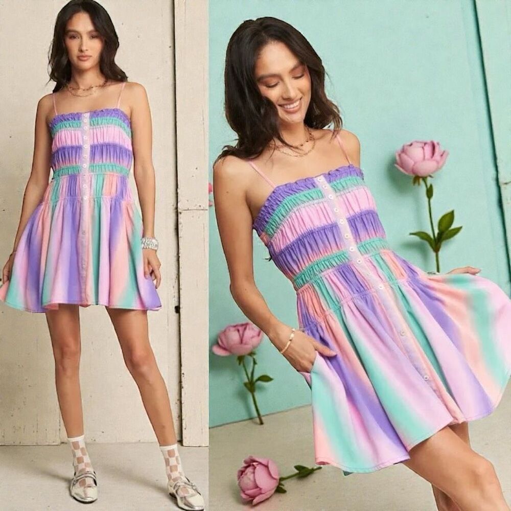 Smocked Button-Front Mini Sundress | Pockets |Pastel Rainbow | Davi & Dani